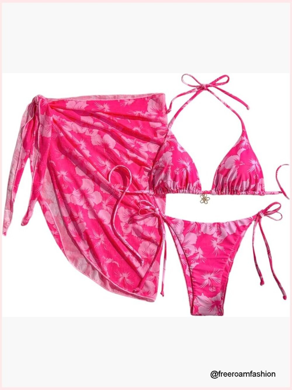 3 Piece Floral Halter Triangle Bikini Set with Cover Up Skirt